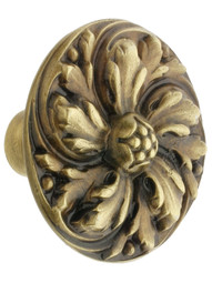 Chrysanthemum Cabinet Knob - 1 3/8 inch Diameter in Antique Brass.